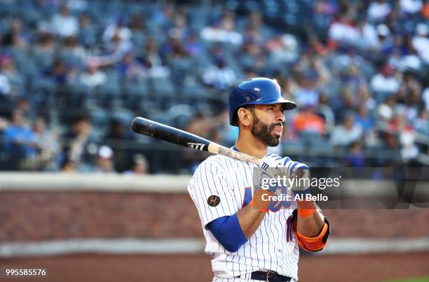 Jose Bautista of the New York Mets waits to bat against the Tampa Bay Rays during their game at Citi Field on July 7, 2018 in New York City.