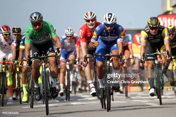 Arrival / Fernando Gaviria of Colombia and Team Quick-Step Floors / Celebration / Peter Sagan of Slovakia and Team Bora Hansgrohe Green Sprint Jersey...