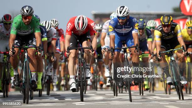 Arrival / Fernando Gaviria of Colombia and Team Quick-Step Floors / Celebration / Peter Sagan of Slovakia and Team Bora Hansgrohe Green Sprint Jersey...