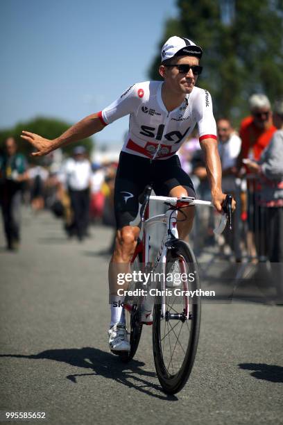 Michal Kwiatkowski of Poland and Team Sky rides to the start during stage four of the 105th Tour de France 2018, a 195km stage from La Baule to...