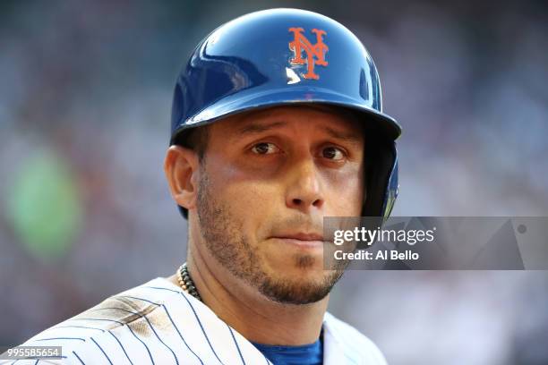 Asdrubal Cabrera of the New York Mets looks on against the Tampa Bay Rays during their game at Citi Field on July 7, 2018 in New York City.