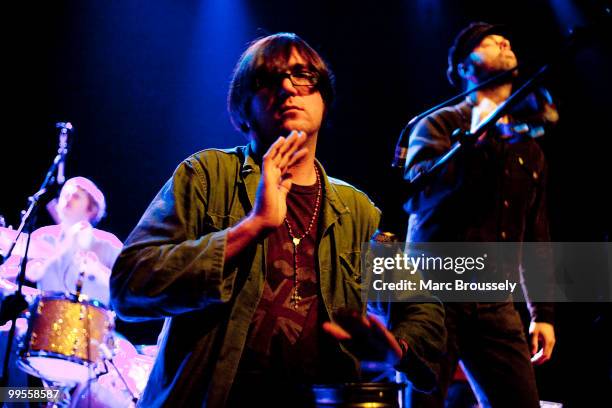 Matt Hollywood and Joel Gion of Brian Jonestown Massacre perform on stage at Shepherds Bush Empire on May 14, 2010 in London, England.