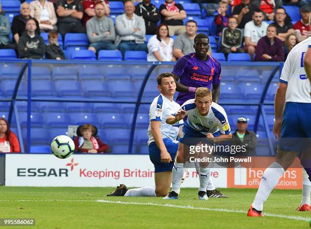 Sheyi Ojo of Liverpool scoring a goal during the pre-season friendly match between Tranmere Rovers and Liverpool at Prenton Park on July 10, 2018 in...