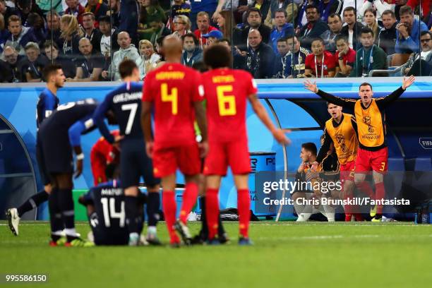 Thomas Vermaelen of Belgium appeals from the substitutes bench during the 2018 FIFA World Cup Russia Semi Final match between Belgium and France at...