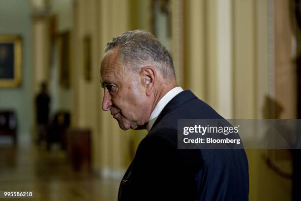 Senate Minority Leader Chuck Schumer, a Democrat from New York, stands during a news conference after a weekly caucus meeting at the U.S. Capitol in...