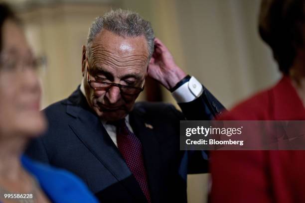 Senate Minority Leader Chuck Schumer, a Democrat from New York, listens during a news conference after a weekly caucus meeting at the U.S. Capitol in...