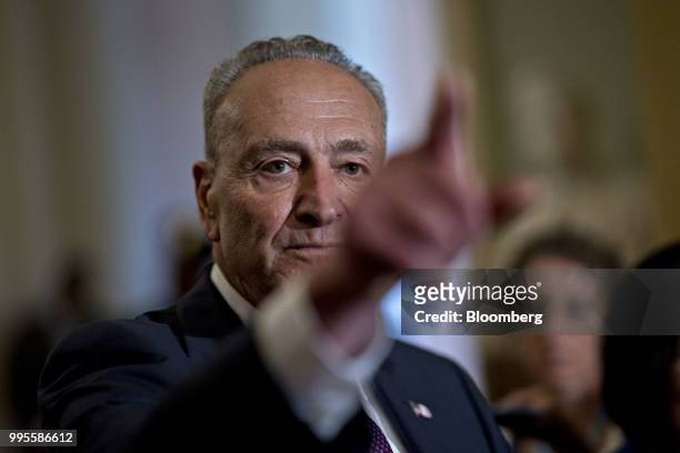 Senate Minority Leader Chuck Schumer, a Democrat from New York, takes a question during a news conference after a weekly caucus meeting at the U.S....
