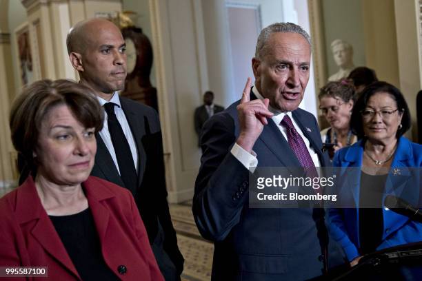 Senate Minority Leader Chuck Schumer, a Democrat from New York, second right, speaks as Amy Klobuchar, a Democrat from Minnesota, from left, Senator...