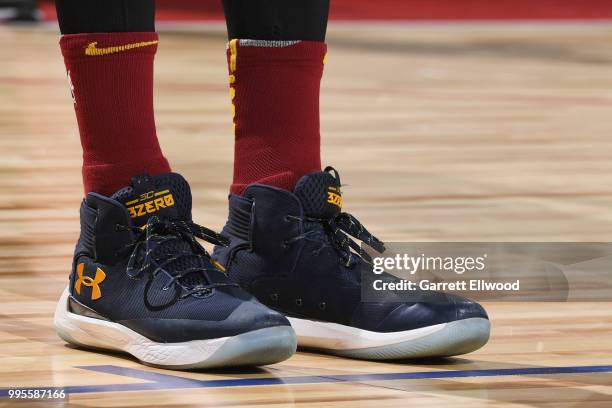 The sneakers worn by Marcus Lee of the Cleveland Cavaliers are seen during the game against the Chicago Bulls during the 2018 Las Vegas Summer League...