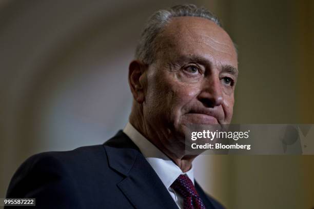 Senate Minority Leader Chuck Schumer, a Democrat from New York, pauses while speaking during a news conference after a weekly caucus meeting at the...