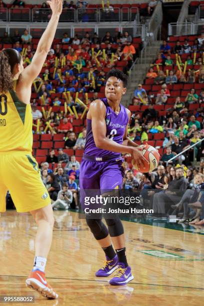 Alana Beard of the Los Angeles Sparks handles the ball against the Seattle Storm on July 10, 2018 at Key Arena in Seattle, Washington. NOTE TO USER:...