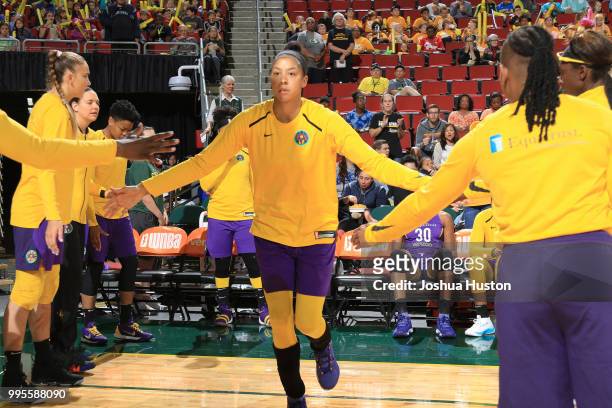 Candace Parker of the Los Angeles Sparks is introduced before the game against the Seattle Storm on July 10, 2018 at Key Arena in Seattle,...
