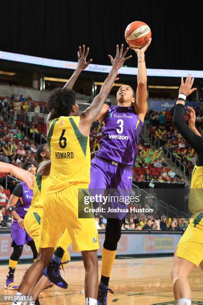 Candace Parker of the Los Angeles Sparks shoots the ball against the Seattle Storm on July 10, 2018 at Key Arena in Seattle, Washington. NOTE TO...