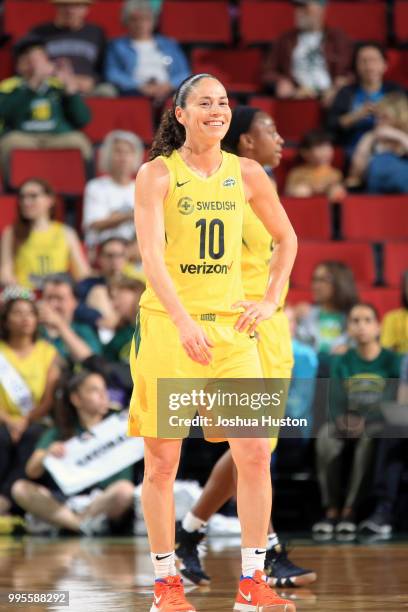 Sue Bird of the Seattle Storm looks on during the game against the Los Angeles Sparks on July 10, 2018 at Key Arena in Seattle, Washington. NOTE TO...