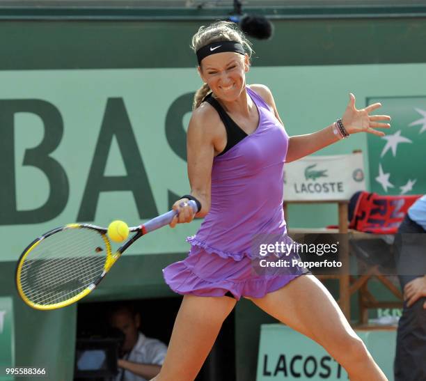 Victoria Azarenka of Belarus in action during day 9 of the French Open at Roland Garros Stadium in Paris on May 30, 2011.