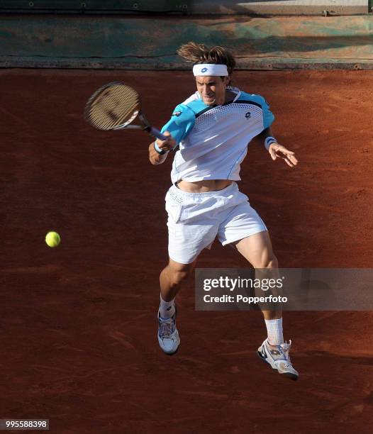 David Ferrrer of Spain in action during day 9 of the French Open at Roland Garros Stadium in Paris on May 30, 2011.