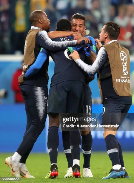 France players celebrate victory following the 2018 FIFA World Cup Russia Semi Final match between Belgium and France at Saint Petersburg Stadium on...