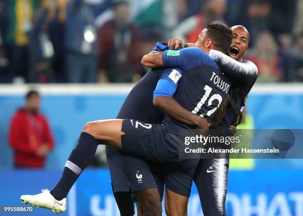 France players celebrate victory following the 2018 FIFA World Cup Russia Semi Final match between Belgium and France at Saint Petersburg Stadium on...