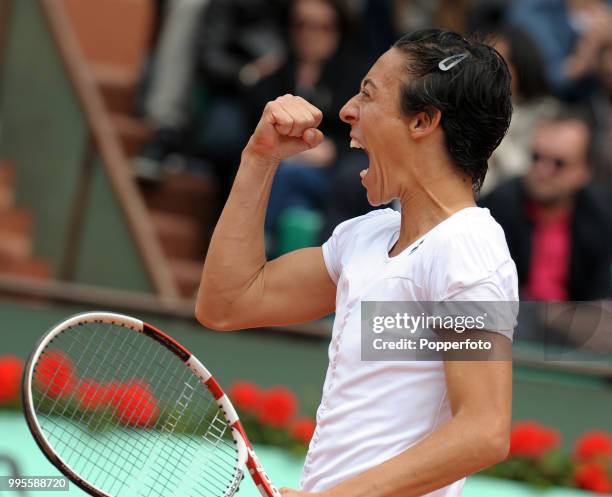 Francesca Schiavone of Italy reacts during day 10 of the French Open at Roland Garros Stadium in Paris on May 31, 2011.