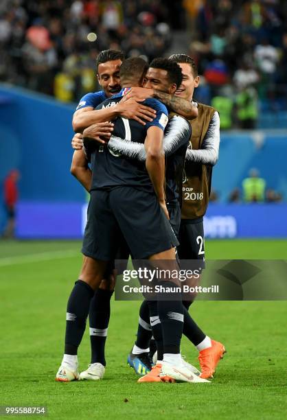 France players celebrate victory following the 2018 FIFA World Cup Russia Semi Final match between Belgium and France at Saint Petersburg Stadium on...