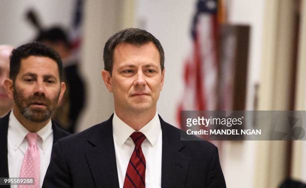 In this file photo taken on June 27, 2018 FBI agent Peter P. Strzok arrives for a full committee meeting on "Deposition of Peter P. Strzok "at the...