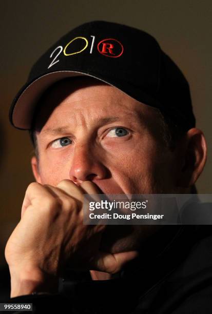 Lance Armstrong of Team Radio Shack looks on during a press conference prior to the 2010 Tour of California at the Sacramento Convention Center on...