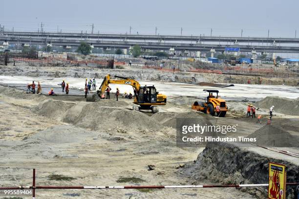 View of ongoing construction work at Coronation Sewage Treatment Plant during a visit of Delhi chief minister Arvind Kejriwal at Burari on July 10,...