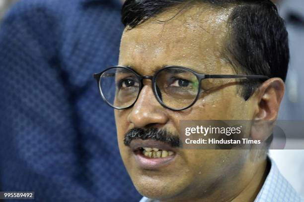 Delhi chief minister Arvind Kejriwal speaks during a press conference after his visit to the Coronation Sewage Treatment Plant at Burari on July 10,...