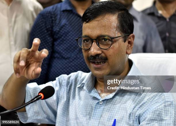 Delhi chief minister Arvind Kejriwal speaks during a press conference after his visit to the Coronation Sewage Treatment Plant at Burari on July 10,...