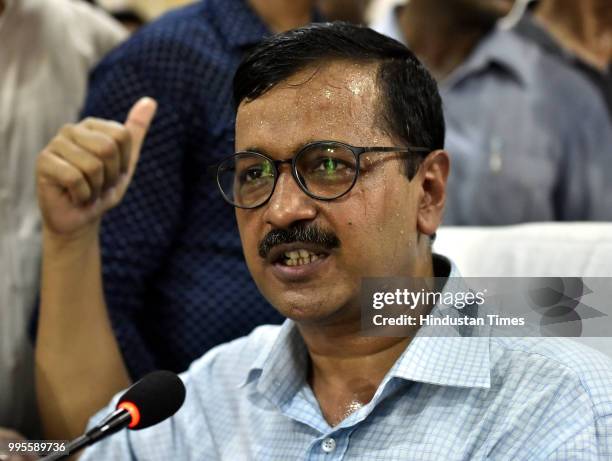 Delhi chief minister Arvind Kejriwal speaks during a press conference after his visit to the Coronation Sewage Treatment Plant at Burari on July 10,...