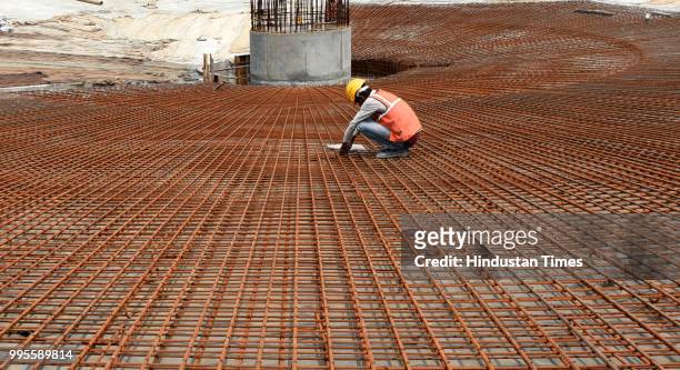 View of ongoing construction work at Coronation Sewage Treatment Plant during a visit of Delhi chief minister Arvind Kejriwal at Burari on July 10,...
