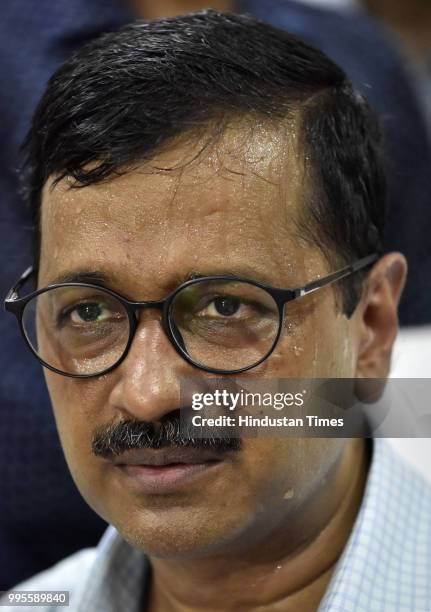 Delhi chief minister Arvind Kejriwal speaks during a press conference after his visit to the Coronation Sewage Treatment Plant at Burari on July 10,...