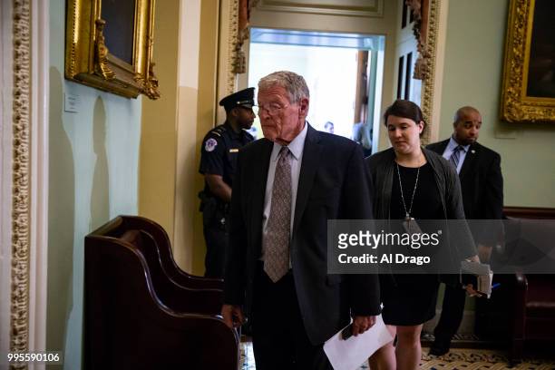 Sen. Jim Inhofe departs following the weekly Senate Republicans policy luncheon, on Capitol Hill, on July 10, 2018 in Washington, DC.