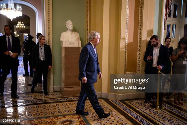 Senate Majority Leader Mitch McConnell arrives for a news conference following the weekly Senate Republicans policy luncheon, on Capitol Hill, on...