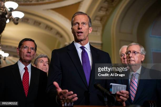 Sen. John Thune speaks beside Senate Majority Leader Mitch McConnell and fellow Senate Republicans during a news conference following the weekly...
