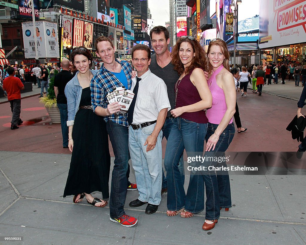 Cast Of Off-Broadway's "White Lies" Visits The TKTS Booth In Times Square