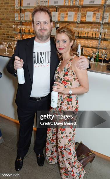 Matthew D'Ancona and Lisa Dwan attend the launch party for the inaugural Issue of "Drugstore Culture" at Chucs Serpentine on July 10, 2018 in London,...
