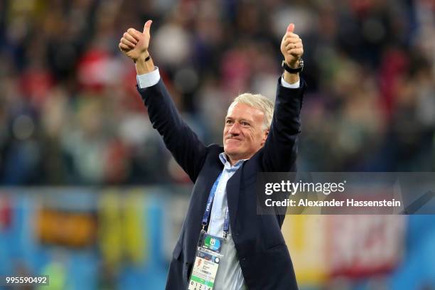 Didier Deschamps, Manager of France celebrates following his sides victory in the 2018 FIFA World Cup Russia Semi Final match between Belgium and...