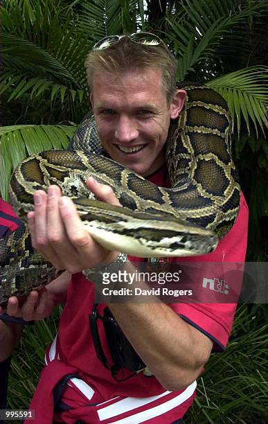Daffyd James of the British and Irish Lions poses with a 50kg Burmese Python during a team trip to Australia Zoo, Brisbane. +DIGITAL IMAGE+ Mandatory...