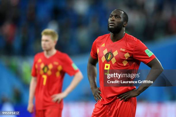 Romelu Lukaku of Belgium looks dejected following his sides defeat in the 2018 FIFA World Cup Russia Semi Final match between Belgium and France at...