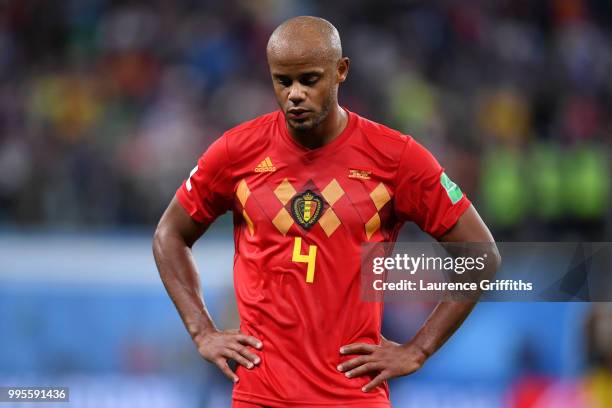 Vincent Kompany of Belgium looks dejected following his sides defeat in the 2018 FIFA World Cup Russia Semi Final match between Belgium and France at...