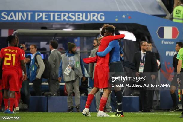 Manchester United teammates Marouane Fellaini of Belgium and Paul Pogba of France at full time during the 2018 FIFA World Cup Russia Semi Final match...