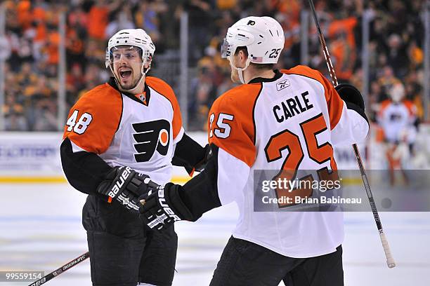 Danny Briere of the Philadelphia Flyers celebrates a goal against the Boston Bruins in Game Seven of the Eastern Conference Semifinals during the...