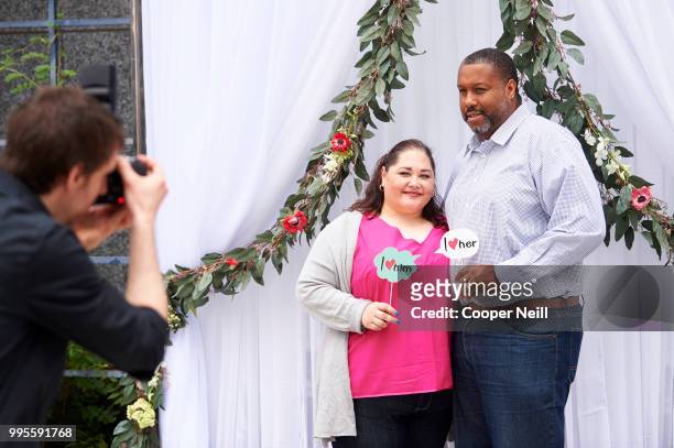 Couple poses for a photo after Lifetime covered the cost of their marriage license to celebrate the season 7 premier of "Married at First Sight" at...