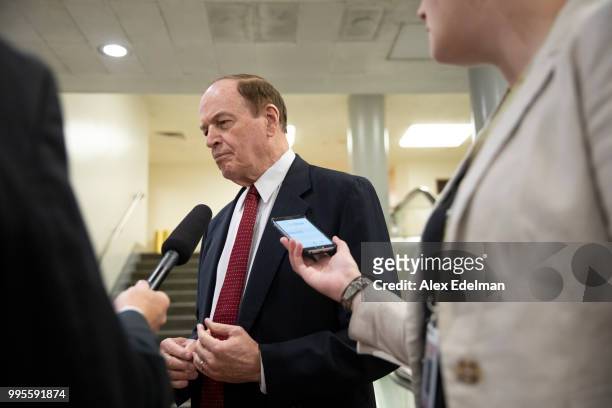 Sen. Richard Shelby speaks with reporters in the U.S. Capitol Subway on July 10, 2018 in Washington, DC. U.S. U.S. President Donald Trump nominated...