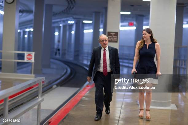 Sen. James Risch walks in the U.S. Capitol Subway on July 10, 2018 in Washington, DC. U.S. U.S. President Donald Trump nominated Kavanaugh to succeed...