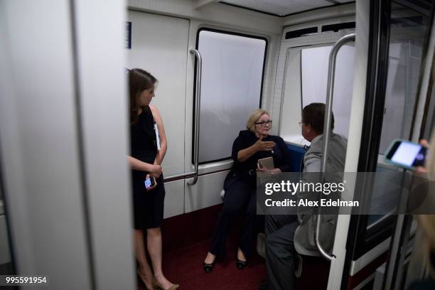 Sen. Claire McCaskill speaks with reporters in the U.S. Capitol Subway on July 10, 2018 in Washington, DC. U.S. U.S. President Donald Trump nominated...