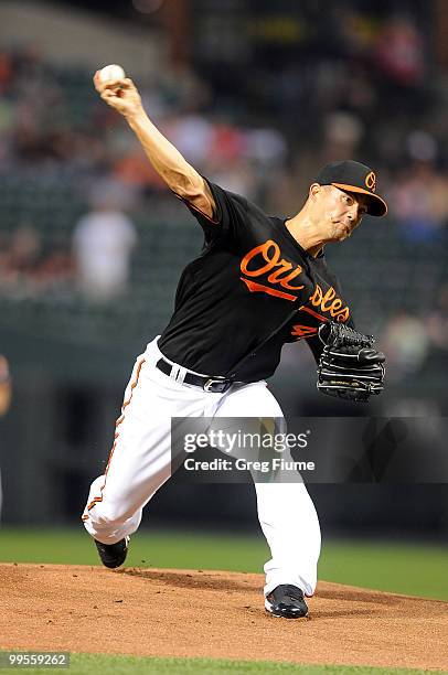 Jeremy Guthrie of the Baltimore Orioles pitches against the Cleveland Indians at Camden Yards on May 14, 2010 in Baltimore, Maryland.