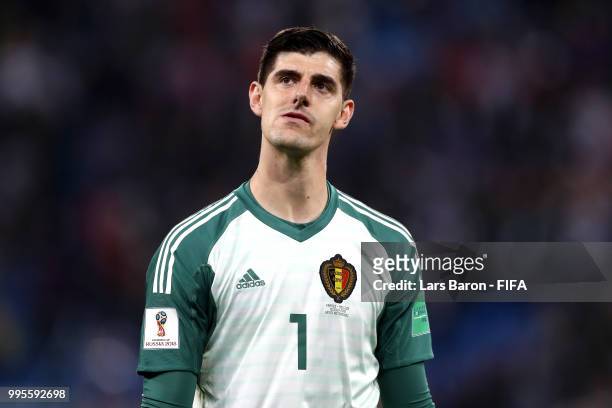 Thibaut Courtois of Belgium looks dejected following their sides defeat in the 2018 FIFA World Cup Russia Semi Final match between Belgium and France...