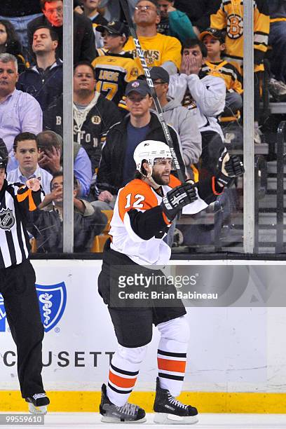 Simon Gagne of the Philadelphia Flyers scores a goal against the Boston Bruins in Game Seven of the Eastern Conference Semifinals during the 2010 NHL...